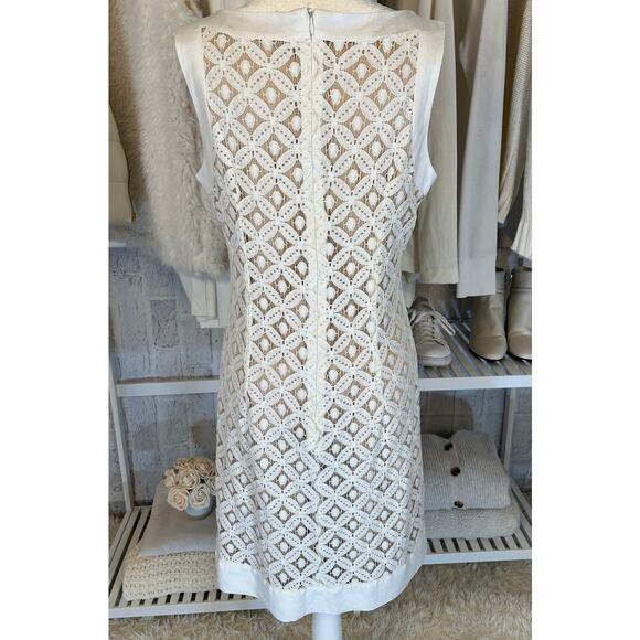Sharagano Women's Size 10 Ivory Lace Nude Underlay Sleeveless Linen Shift Dress - Picture 5 of 9